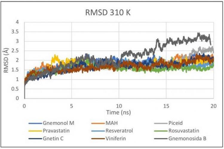 RMSD plot of residues on Microsoft Excel at 310 K during 20 ns.
