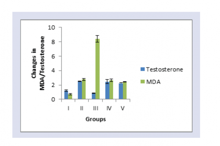 Changes in the MDA & testosterone level with prior & posttreatment with MoE in Cadmium exposed rats.