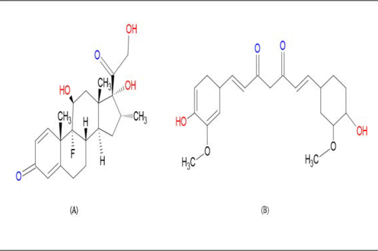 Chemical structure of dexamethasone (A) and curcumin (B)