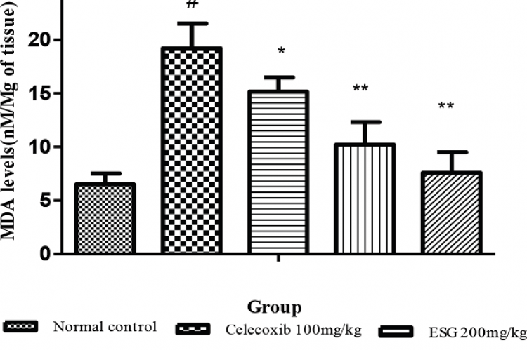 Effect of ESG and Piracetam MDA level (n=6) Results are expressed as mean of MDA level ± SEM