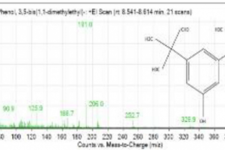 GC-MS/MS Chromatogram, structure and resultant mass peak of methanolic extract of E. officinalis showing PBDME Counts vs Mass to Charge m/z (206) [M+H]+; Mobile phase: Helium gas and Nitrogen collision gas; Injection volume (1 mL); Flow rate (1.0 mL/min);Oven temperature (70oC for 2 min.); Runtime (8.541- 8.614 min, 21 scans)