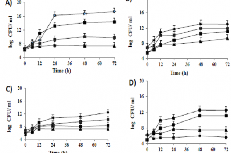 Growth kinetics of LAB strains (A) Bifidobacterium animalis subsp lactis Bb12, (B) Bifidobacterium bifidum Bb443, (C) Lactobacillus acidophilus LbA-CECT4529, (D) Lactobacillus plantarum LbP-CECT 748 monocultivated on complex media based on different substrates (date powder ■ DP, date core ♦DC with or without lentils ▲CL) and in standard medium●MRS.