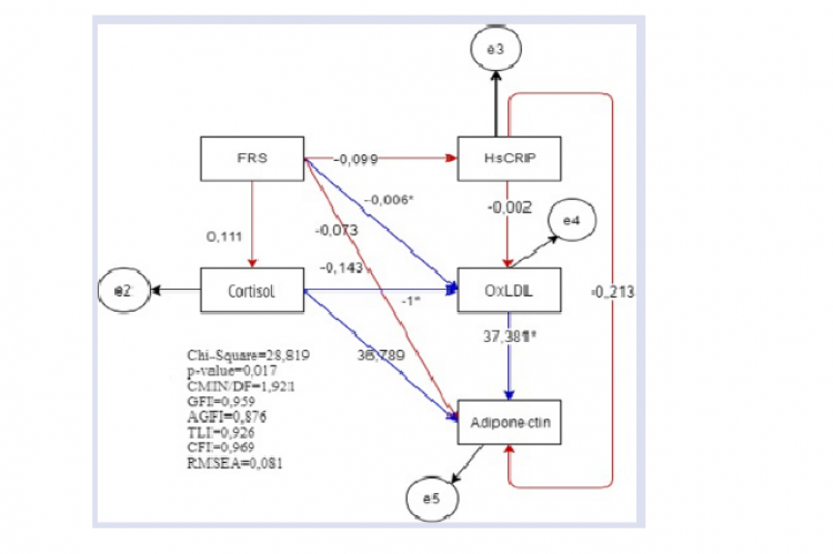 Corelation pattern of FRS to Adiponectin via hsCRP, OxLDL and Cortisol.