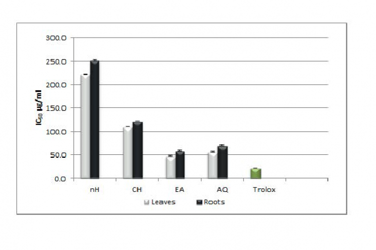 Antioxidant activity (DPPH) of various fractions of leaves and roots of Raphanus sativus.