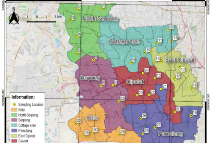 Geographic location of 32 PM2.5 exposure sampling points in South Tangerang city