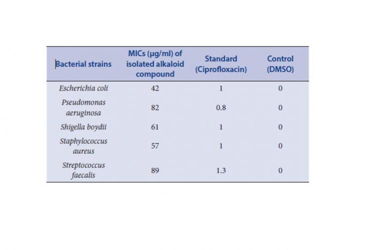 Antibacterial activity of alkaloid compounds isolated from E. alba against selected human pathogenic bacteria by minimum inhibitory concentration (MIC) method