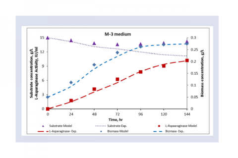 Experimental and model predicted kinetics of biomass growth, substrate utilization and L-Asparaginase activity using M-3 medium.