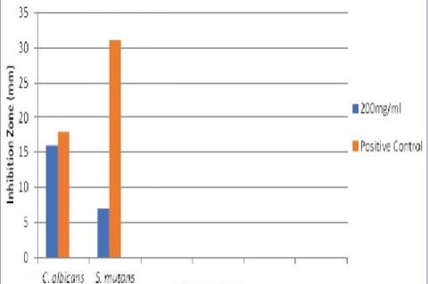 Bar chart showing the zone of inhibition (mm) against different test concentrations and positive control