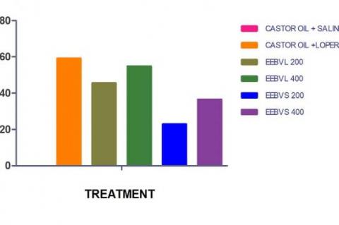 Effect of EEBVL and EEBVS of % inhibition of the intestinal fluid on castor oil induced enteropooling in rats.