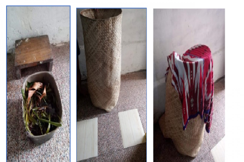 Spices and herbs that have been boiled and a seat for the Postpartum Mothers surrounded by mat and covered with a thin sarong after the Mothers is on the mat to do Ba'ukup for 15-30 minutes