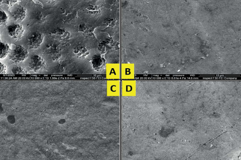 SEM images (10000x) of the enamel surface treated with (A) deionized water after bleaching (Control, BT1) displayed morphological alterations