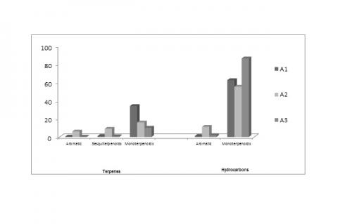 Histogram representing the relative percentages of the different classes of constituents in the essential oils (A1, A2 and A3) samples collected before flowering, and at the beginning and end of the flowering stage of A. monosperma, respectively